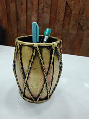 Handcrafted Dholak Shape Pen Stand – Rustic Metallic Desk Organizer for Office & Home