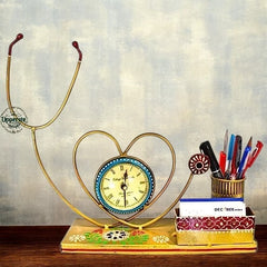 Doctor Theme Desk Organizer with Clock – Handcrafted Stethoscope Design Pen Stand & Card Holder