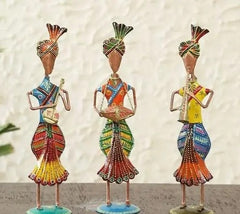 Handcrafted Rajasthani Tribal Musician Figurines – Set of 3 Colorful Metal Art