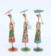 Handcrafted Tribal Women Figurine Set with Umbrellas – Colorful Metal Art Décor