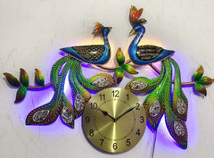 Handcrafted Dual Peacock Wall Clock with LED Lights – Decorative Metal Art for Living Room