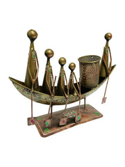 Handcrafted Tribal Boat Figurine with Pen Holder – Metal Art Home & Office Decor