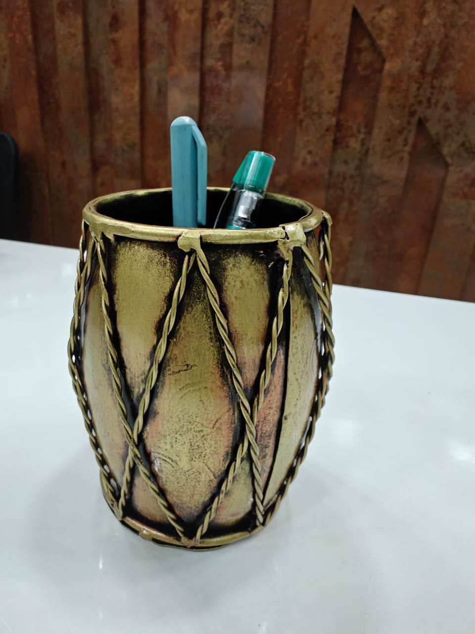 Handcrafted Dholak Shape Pen Stand – Rustic Metallic Desk Organizer for Office & Home