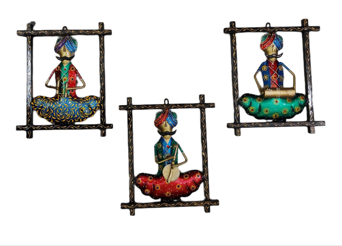 Set of 3 Handcrafted Rajasthani Musician Wall Hangings – Colorful Metal Wall Art