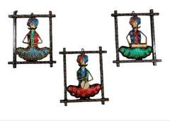 Set of 3 Handcrafted Rajasthani Musician Wall Hangings – Colorful Metal Wall Art