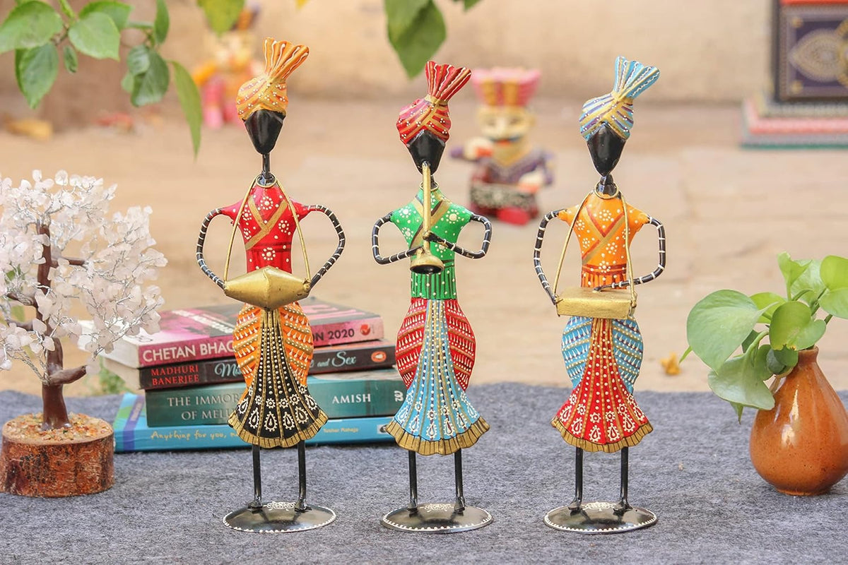 Handcrafted Tribal Musician Figurines – Colorful Rajasthani Folk Art Showpiece Set of 3
