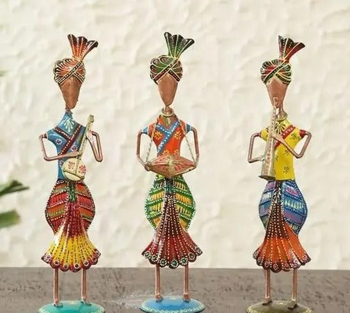 Handcrafted Rajasthani Tribal Musician Figurines – Set of 3 Colorful Metal Art