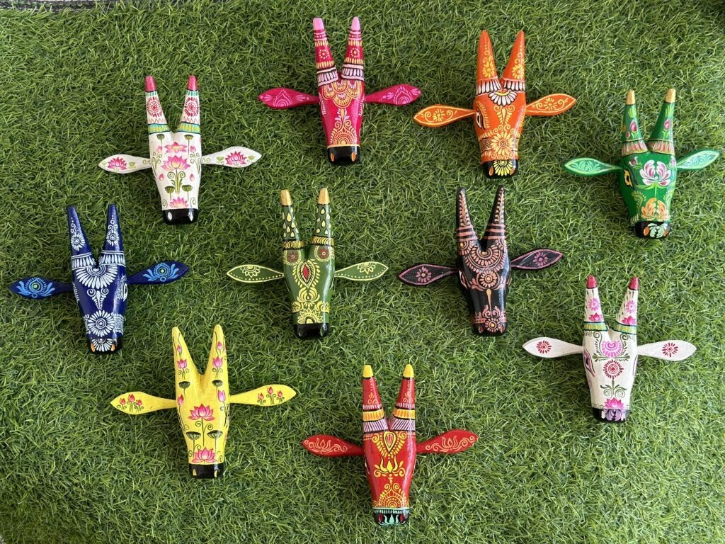 Handcrafted Colorful Animal Head Wall Décor – Tribal Art Metal Mask Set